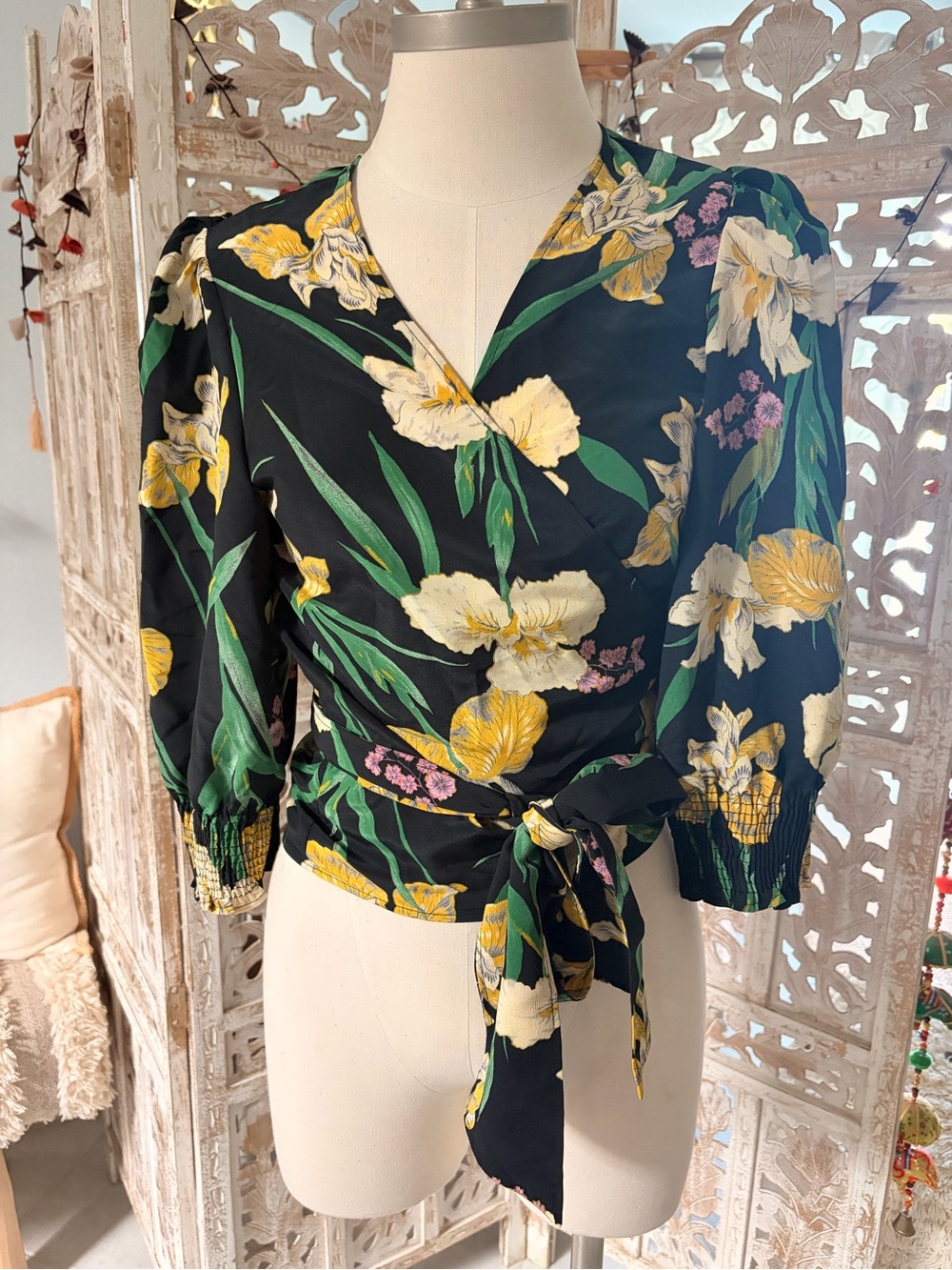 Mango Black Floral Wrap Blouse with Yellow and Green Accents
